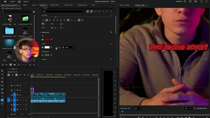 Gotov short sa tekstom u Premiere Pro, iz prve lekcije